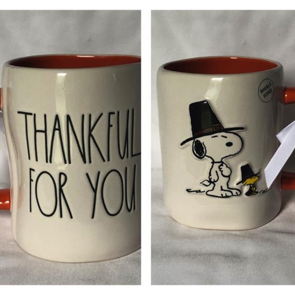NWT Rae Dunn Peanuts Snoopy & Woodstock Thanksgiving Mug "Thankful For You" - Picture 1 of 6